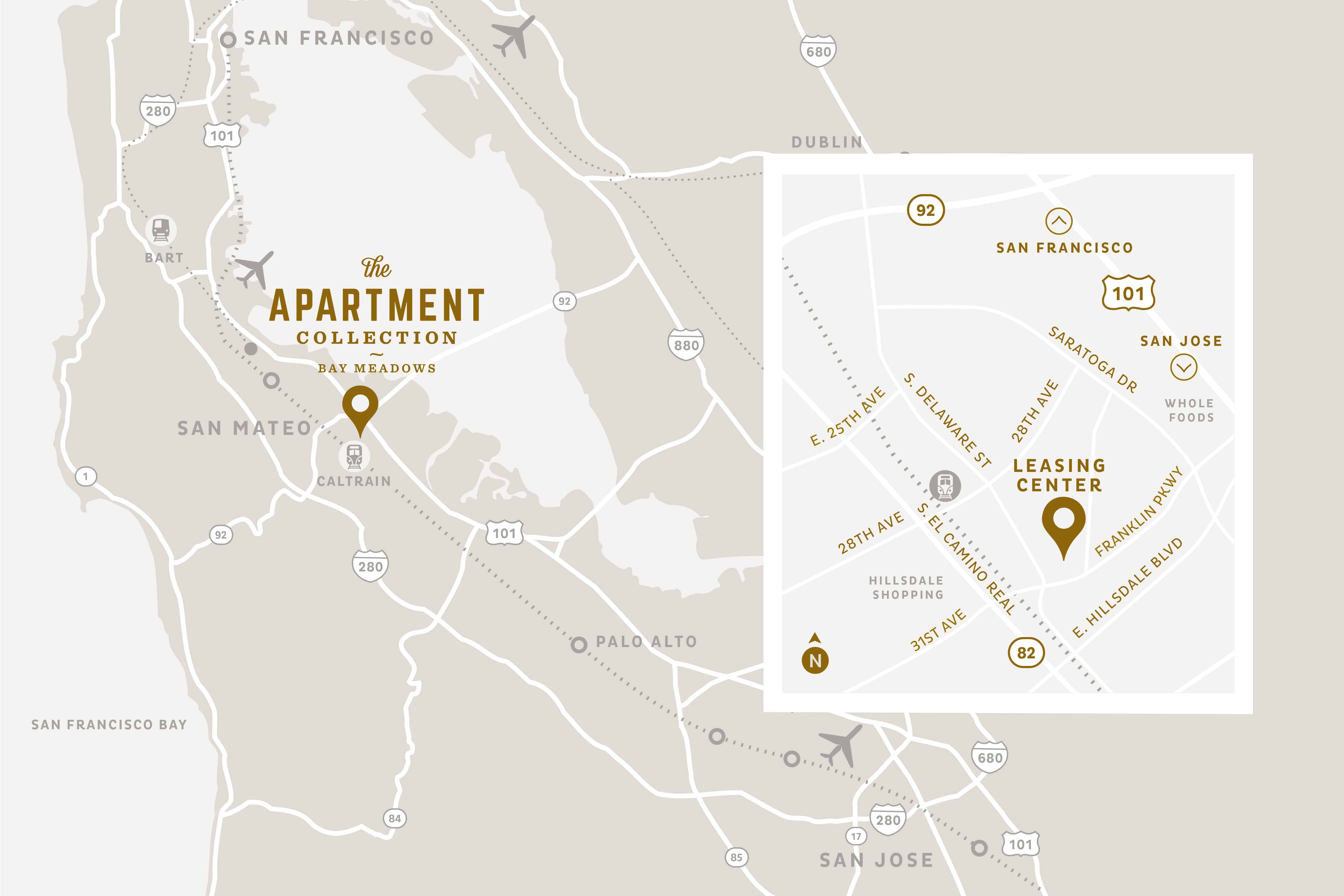 Location Map to Apartment Collection Bay Meadows Leasing Office.